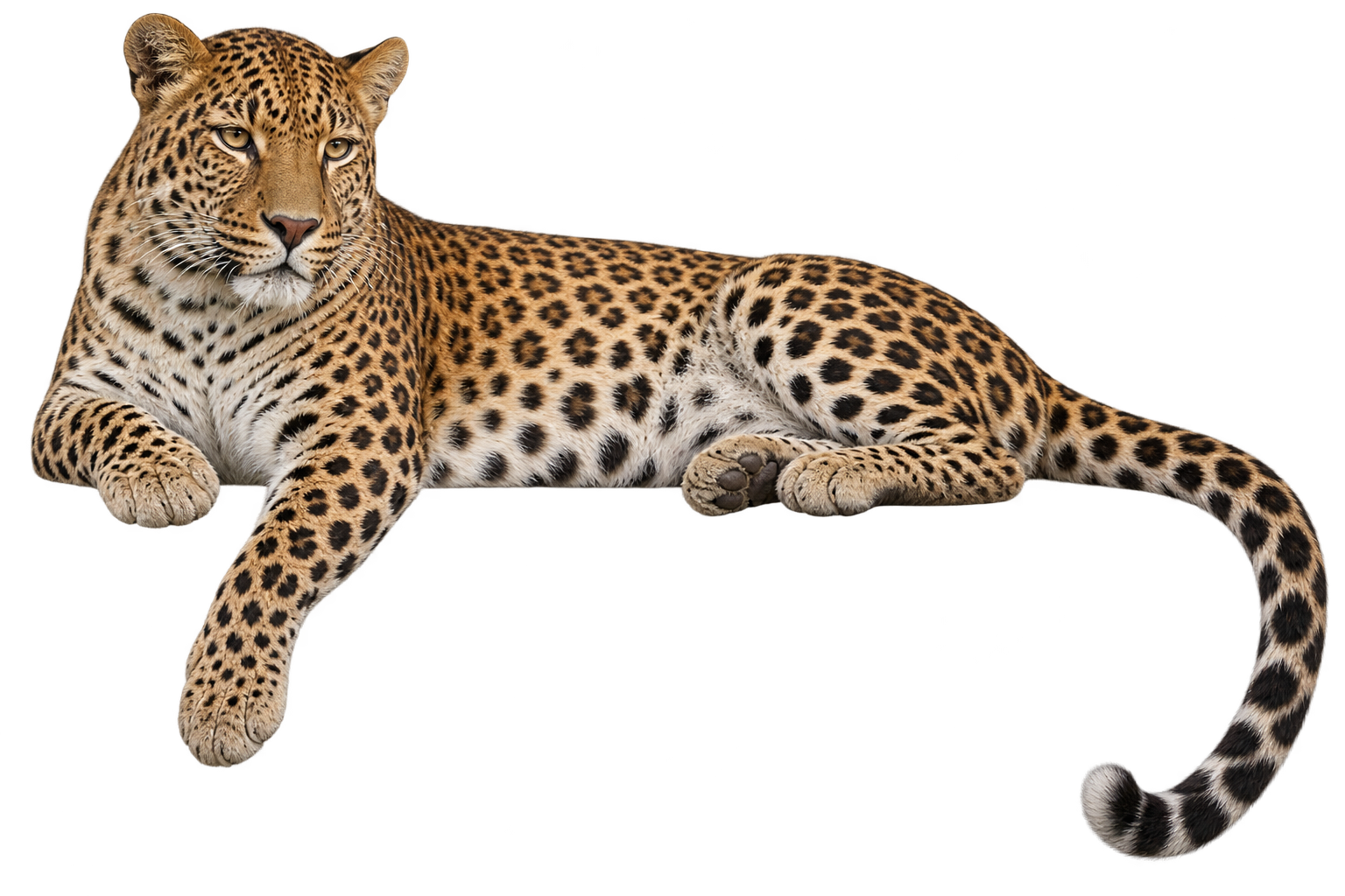 A reclining leopard with its tail curling through the statement