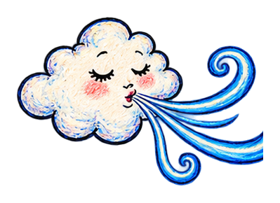 Hand-drawn cloud blowing a curling blue wind